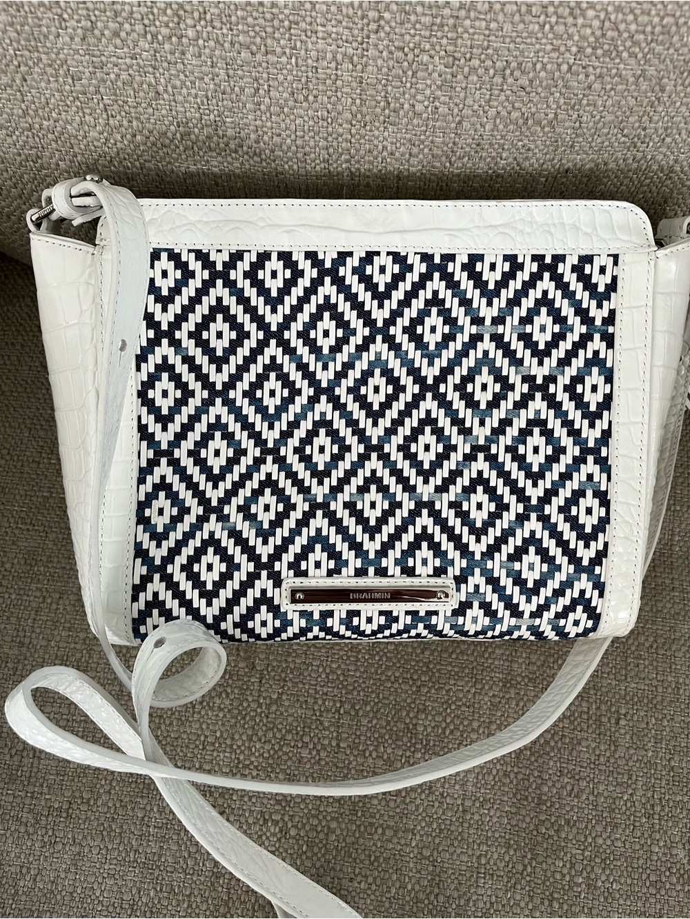 White and Navy Pattern Crossbody Shoulder Bag